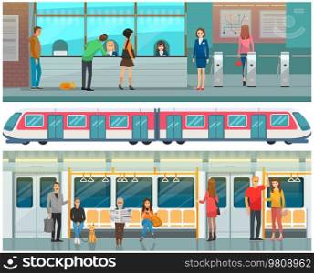 Entrance of railway station, transportation concept. People standing at station platform, traveling in subway car and passing checkpoint in metro. Subway view set with train, turnstiles and checkout. People standing at station platform, traveling in subway car and passing checkpoint in metro