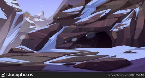 Entrance to cave in mountain with ice and snow on rocks around. Grotto, hidden underground tunnel or cavern, winter nature landscape. Fantasy antre or hollow background, Cartoon vector illustration. Entrance to cave in mountain with ice and snow