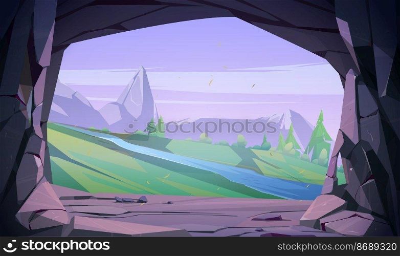 Entrance to cave in mountain with scenery landscape view of green grass, river, rocks and blue sky. Grotto, hidden underground tunnel or cavern, summer nature background. Cartoon vector illustration. Entrance to cave in mountain scenery landscape