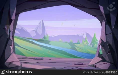 Entrance to cave in mountain with scenery landscape view of green grass, river, rocks and blue sky. Grotto, hidden underground tunnel or cavern, summer nature background. Cartoon vector illustration. Entrance to cave in mountain scenery landscape