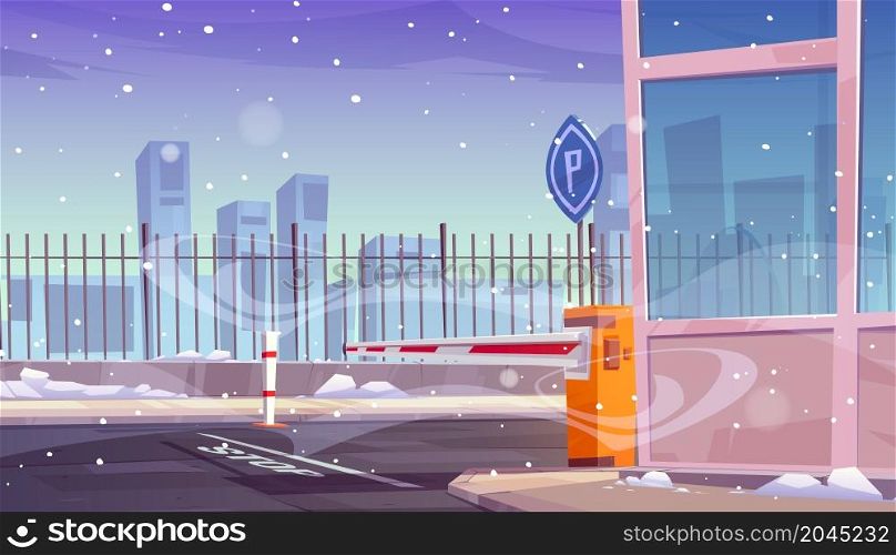 Entrance to security parking with automatic car barrier. Vector cartoon illustration of automobile park entry with closed boom gate, road sign, stop line, fence and booth. Checkpoint in winter. Entrance to parking with automatic car barrier