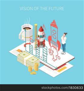 Entrepreneur and business isometric concept with future vision symbols vector illustration. Entrepreneur Isometric Concept