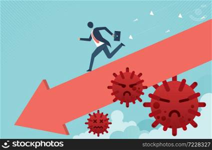 Entrepreneur business owner fight to survive in COVID-19 or Coronavirus crisis recession concept, businessman business owner fight pushing red arrow pointing down graph pathogen. vector cartoon design
