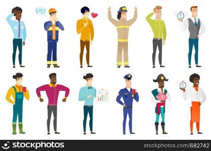 Entrepreneur giving business presentation and showing financial chart. Full length of entrepreneur pointing at financial chart. Set of vector flat design illustrations isolated on white background.. Vector set of professions characters.