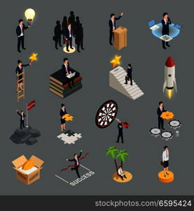 Entrepreneur isometric icons creative idea sociality purposefulness self education and success isolated on grey background vector illustration  . Entrepreneur Isometric Icons