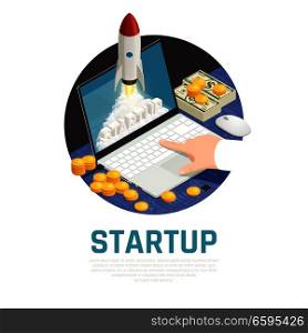 Entrepreneur with money during start up project on laptop isometric round composition vector illustration. Entrepreneur Start Up Isometric Composition