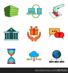 Entrepreneurial activity icons set. Cartoon set of 9 entrepreneurial activity vector icons for web isolated on white background. Entrepreneurial activity icons set, cartoon style