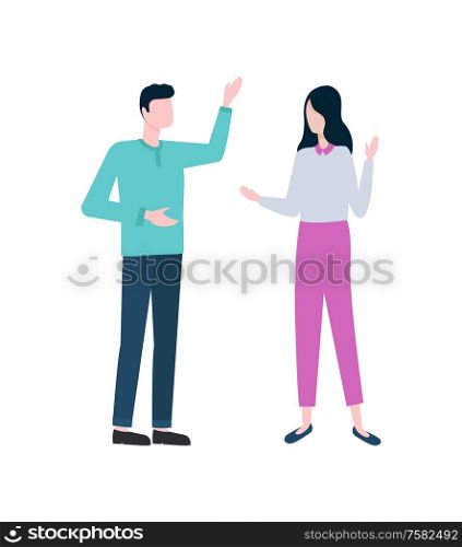 Entrepreneurs discussing business isolated vector icon. Man and woman, colleagues or businessman and businesswoman, office workers or coworkers talk. Entrepreneurs Discussing Business Isolated Icon
