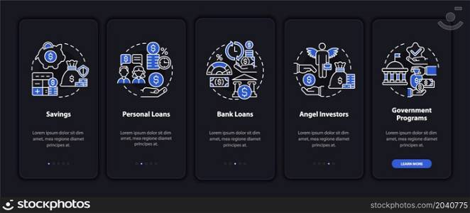 Entrepreneurs financial support tips onboarding mobile app page screen. Startup walkthrough 5 steps graphic instructions with concepts. UI, UX, GUI vector template with linear night mode illustrations. Entrepreneurs financial support tips onboarding mobile app page screen