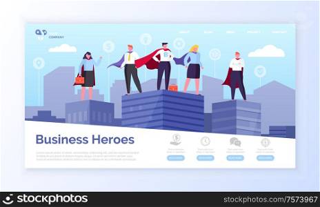 Entrepreneurs in superman coats, business heroes webpage vector. Men and women in superhero outfits on top of skyscrapers landing page or site flat style. Business Heroes Web Page, Entrepreneurs in Coats
