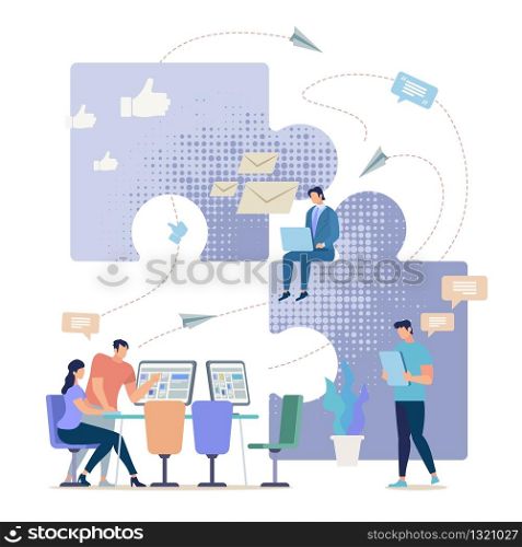 Entrepreneurs Team, Company Employees Group Working Together in Office, Trying to Find Problem Solution, Messaging Online, Planning Company Marketing Strategy in Social Network Flat Vector Concept