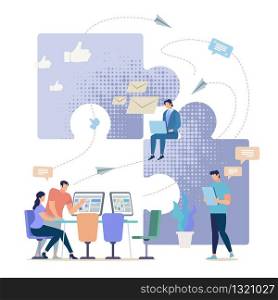 Entrepreneurs Team, Company Employees Group Working Together in Office, Trying to Find Problem Solution, Messaging Online, Planning Company Marketing Strategy in Social Network Flat Vector Concept