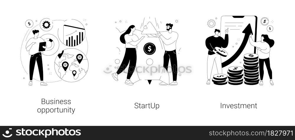 Entrepreneurship abstract concept vector illustration set. Business opportunity, startUp, investment, financial adviser, startup launch, franchising, business venture, mentoring abstract metaphor.. Entrepreneurship abstract concept vector illustrations.