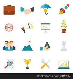Entrepreneurship Flat Color Icons . Entrepreneurship flat color icons set with business startup work in team leadership handshake elements isolated vector illustration