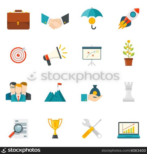 Entrepreneurship flat color icons set with business startup work in team leadership handshake elements isolated vector illustration . Entrepreneurship Flat Color Icons