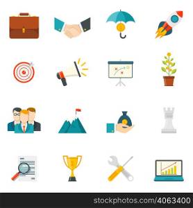 Entrepreneurship flat color icons set with business startup work in team leadership handshake elements isolated vector illustration . Entrepreneurship Flat Color Icons