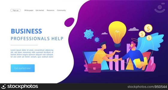 Entrepreneurship funding, initiative investment, idea financing. Angel investor, startup financial support, business professionals help concept. Website homepage landing web page template.. Angel investor concept landing page