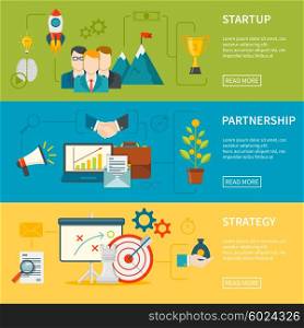 Entrepreneurship Horizontal Banners . Entrepreneurship flat horizontal banners set of startup strategy and partnership vector illustration