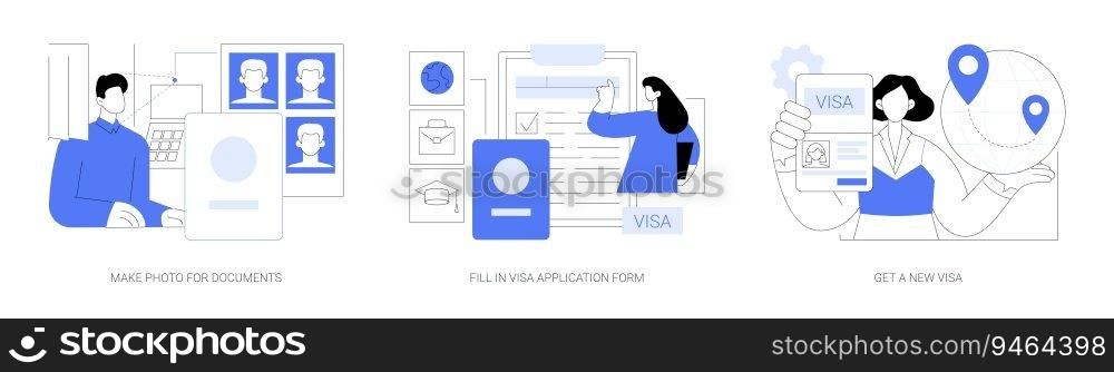 Entry permission abstract concept vector illustration set. Make photo for documents, fill in working visa application form, get a new visa, ID card, government services abstract metaphor.. Entry permission abstract concept vector illustrations.