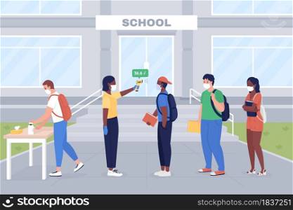 Entry rules during covid flat color vector illustration. Coronavirus disease prevention measures. Teacher measures pupils temperature 2D cartoon characters with school building on background. Entry rules during covid flat color vector illustration