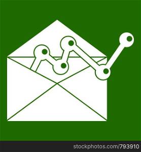 Envellope with graph icon white isolated on green background. Vector illustration. Envellope with graph icon green