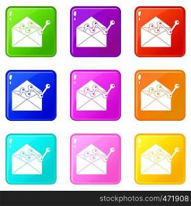 Envellope with graph icons of 9 color set isolated vector illustration. Envellope with graph icons 9 set
