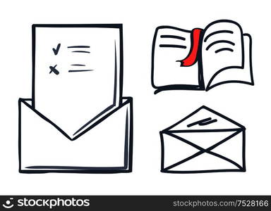 Envelope and book with bookmark isolated icons set vector. Publication and info on papers, correspondence and letter with message to recipient person. Envelope and Book with Bookmark Icons Set Vector