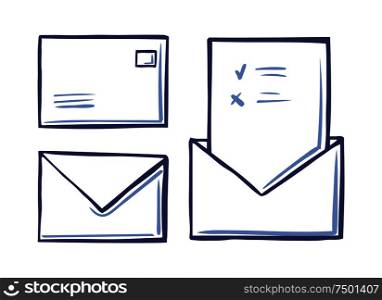Envelope closed letter back and front view, voting page with approved and rejected icons sketch vector isolated. Mail message postal correspondence. Envelope Closed Letter Back Front View Voting Page