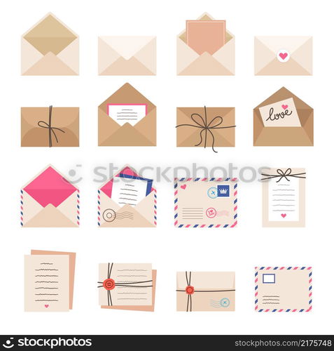 Envelope collections. Mail letters greeting cards romantic envelopes stamped signs labels recent vector illustrations collection. Greeting card, romantic message love, valentine postcard. Envelope collections. Mail letters greeting cards romantic envelopes stamped signs labels recent vector illustrations collection