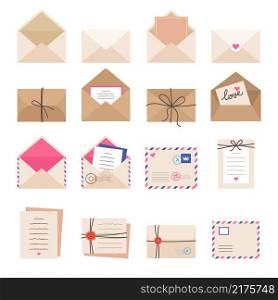 Envelope collections. Mail letters greeting cards romantic envelopes stamped signs labels recent vector illustrations collection. Greeting card, romantic message love, valentine postcard. Envelope collections. Mail letters greeting cards romantic envelopes stamped signs labels recent vector illustrations collection