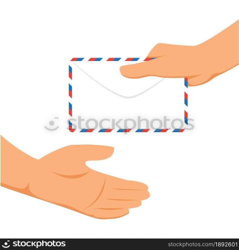 Envelope holding in the hand. Email message concept, sending. Postman gives a letter. Delivery of messages. Vector illustration flat design. Isolated on white background. Email, correspondence.. Hands human with envelope mail postal service. Postman gives a letter