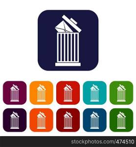Envelope in trash bin icons set vector illustration in flat style In colors red, blue, green and other. Envelope in trash bin icons set