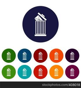 Envelope in trash bin set icons in different colors isolated on white background. Envelope in trash bin set icons