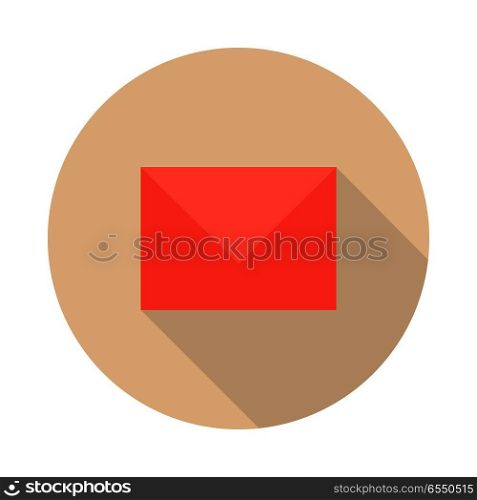 Envelope mail icon with long shadow. Red envelope mail on round burgundy background. Mail icon. Email icon. Isolated vector illustration on white background.. Envelope Mail Icon