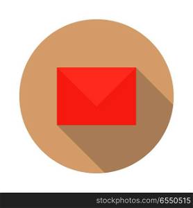 Envelope mail icon with long shadow. Red envelope mail on round burgundy background. Mail icon. Email icon. Isolated vector illustration on white background.. Envelope Mail Icon