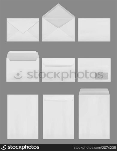 Envelope mockup. Empty blank business envelopes for a4 correspondence office decent vector realistic templates collection isolated. Illustration envelope correspondence, front folded paper for message. Envelope mockup. Empty blank business elegant envelopes for a4 correspondence office decent vector realistic templates collection isolated