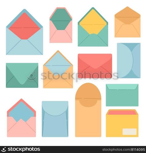 Envelope set flat design vector illustration, different shape colorful envelopes