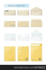 Envelope set open and close design flat. Envelope and letter, envelope icon, mail and open envelope, envelope template, white envelope, invitation envelope, open or close envelope illustration