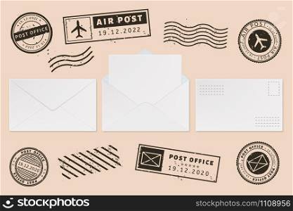 Envelope template with stamp label. Mail letter and post stamps, open mail envelope with blank paper letter sheet, mail office business mockups vector illustration set. Ink postmarks. Permit imprints. Envelope template with stamp label. Mail letter and post stamps, open mail envelope with blank paper letter sheet, mail office business mockups vector illustration set. Postage mark. Permit imprints