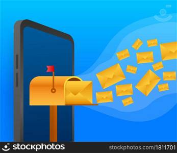 Envelope with a newsletter concept. Open message with the document. Subscribe to newsletter concept. Vector stock illustration. Envelope with a newsletter concept. Open message with the document. Subscribe to newsletter concept. Vector stock illustration.