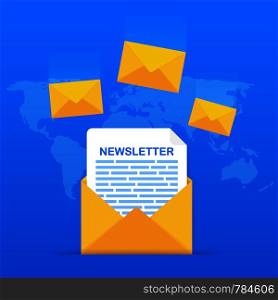 Envelope with a newsletter concept. Open message with the document. Subscribe to newsletter concept. Vector illustration.. Envelope with a newsletter concept. Open message with the document. Subscribe to newsletter concept. Vector stock illustration.