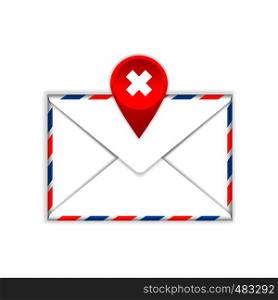 Envelope with a red cross mark flat icon on a white background. Envelope with a red cross mark flat icon