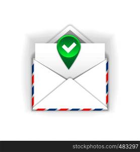 Envelope with accept sign flat icon on a white background. Envelope with accept sign flat icon