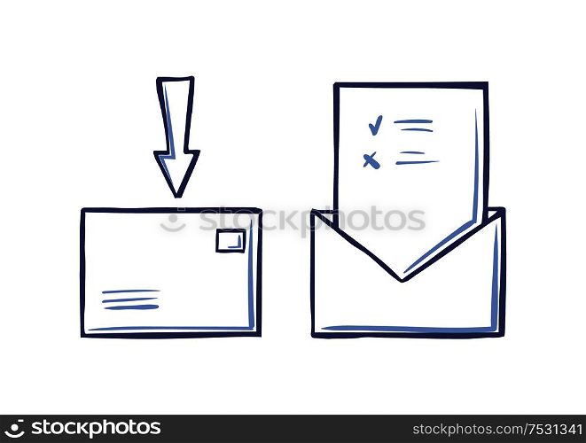 Envelope with arrow pointing on closed letter, voting page with approved and rejected icons sketch vector isolated. Mail message postal correspondence. Envelope with Arrow Pointing on Closed Letter Icon