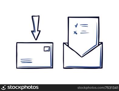 Envelope with arrow pointing on closed letter, voting page with approved and rejected icons sketch vector isolated. Mail message postal correspondence. Envelope with Arrow Pointing on Closed Letter Icon