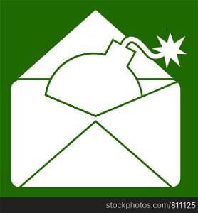 Envelope with bomb icon white isolated on green background. Vector illustration. Envelope with bomb icon green