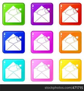 Envelope with bomb icons of 9 color set isolated vector illustration. Envelope with bomb icons 9 set