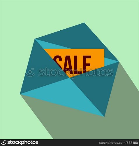 Envelope with card Sale icon in flat style on a a light blue background. Envelope with card Sale icon, flat style