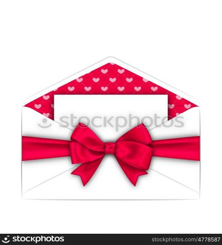 Envelope with Clean Card and Pink Bow Ribbon for Valentines Day. Illustration Envelope with Clean Card and Pink Bow Ribbon for Valentines Day. White Letter Isolated on White Background - Vector