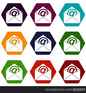 Envelope with email sign icon set many color hexahedron isolated on white vector illustration. Envelope with email sign icon set color hexahedron